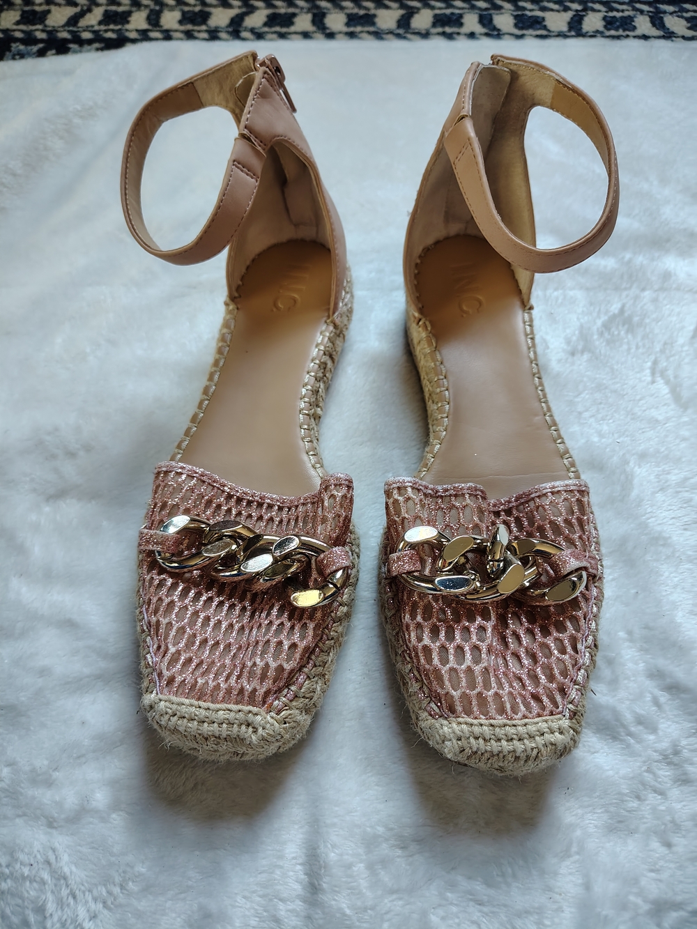 Woven Pink Espadrille Flats with Gold Chain Accent Sz. 8